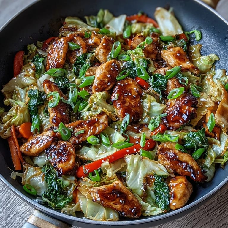 A skillet of freshly cooked Chicken Cabbage Stir-Fry, showcasing colorful carrots and bell peppers in a wok.