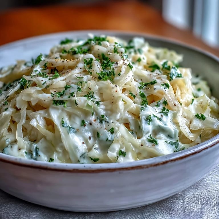 Creamed Cabbage served warm as a vegetarian side for roast chicken or pork, featuring a light nutmeg-scented creamy coating.