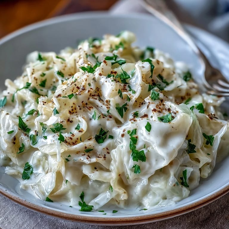 Savory Creamed Cabbage with wilted cabbage and onions in a rich, gluten-free friendly sauce, ready to enjoy from a white bowl.