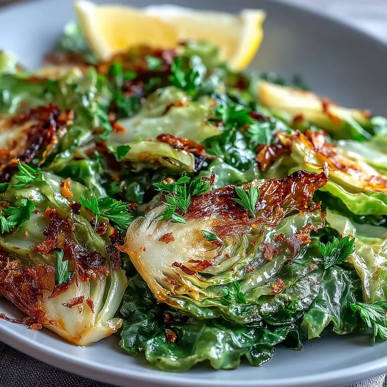 Tender cabbage with paprika and cumin, garnished with parsley and lemon wedges.