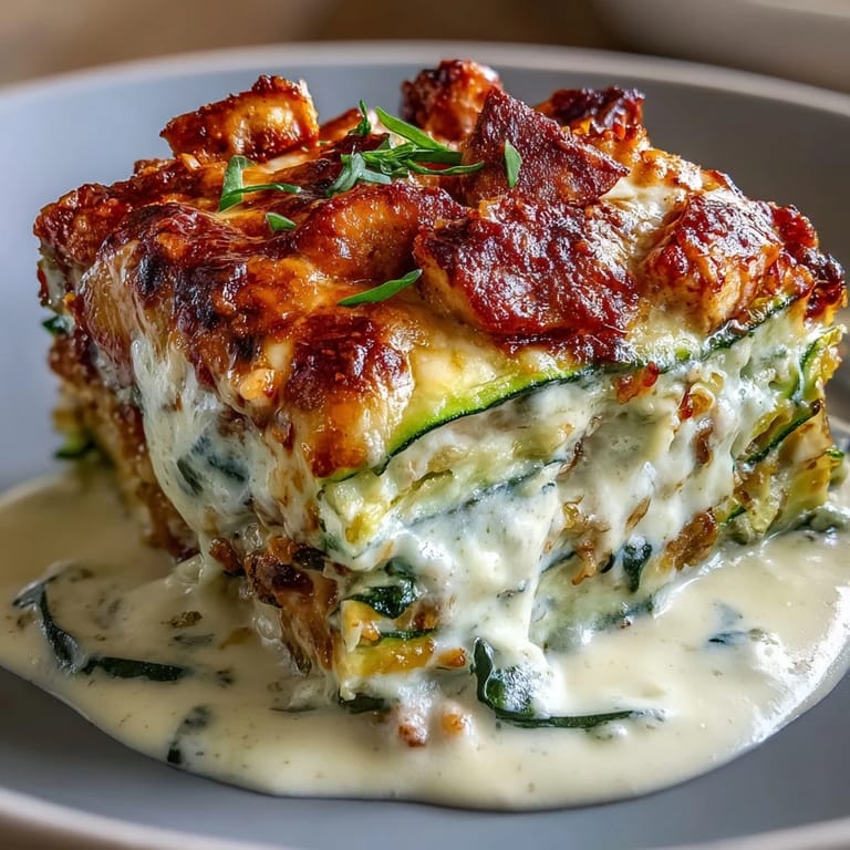 Close-up of High Protein Chicken Zucchini Bake showing layers of zucchini, creamy binder, and gooey cheese topping.