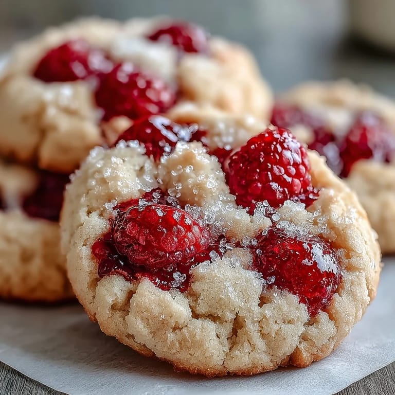 Golden Soft Chewy Raspberry Sugar Cookies resting on parchment after baking, showcasing tender edges and jammy raspberries.