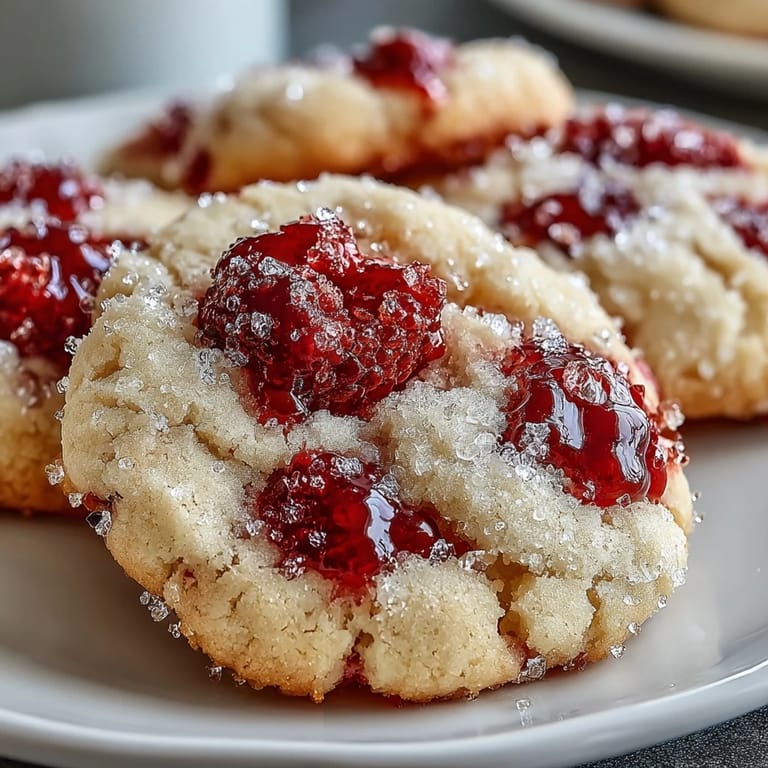 Freshly baked Soft Chewy Raspberry Sugar Cookies served on a plate with a glass of milk, perfect dessert.