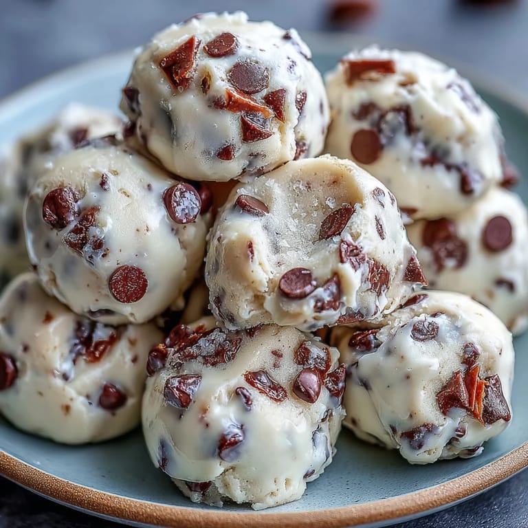 Freshly mixed Greek Yogurt Cookie Dough with mini chocolate chips on a marble countertop.