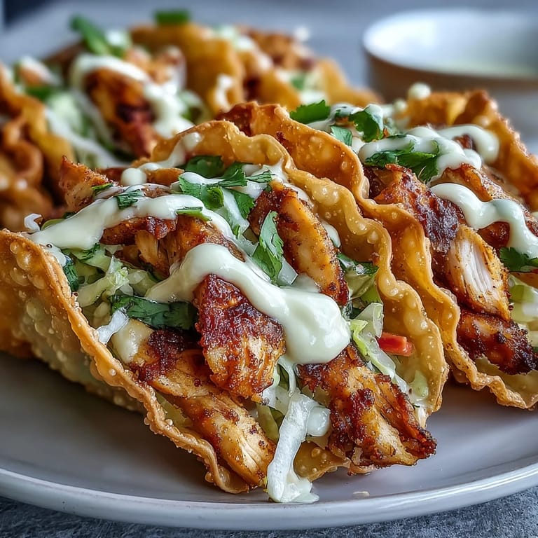 Close-up view of an Asian fusion Crispy Chicken Wonton Taco showing smoky spices and crunchy vegetable toppings.