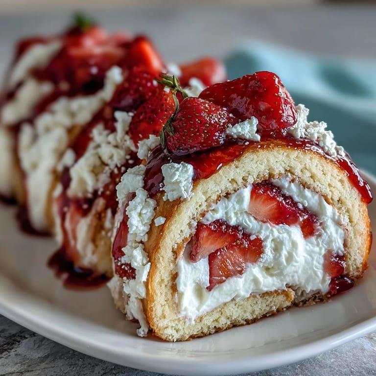 Strawberry Shortcake Sushi Roll pinwheels plated with mint and drizzled in white chocolate for an elegant treat.