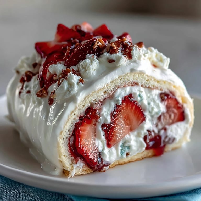 Spiral slices of Strawberry Shortcake Sushi Roll reveal creamy filling and ruby berries on a serving platter.