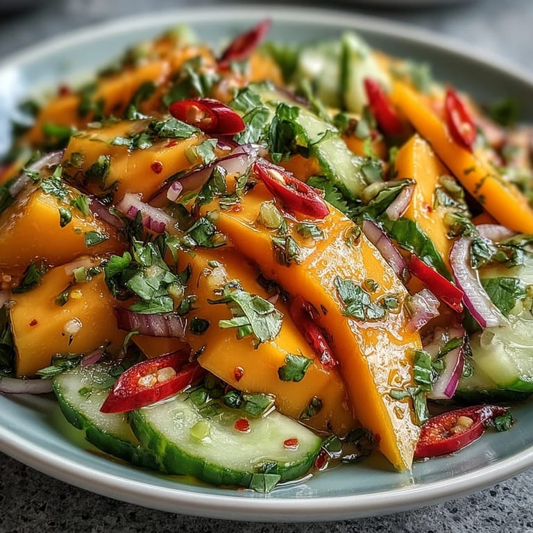 Vivid close-up highlights juicy mango slices, sliced red onion, and optional Thai chilies, tossing fresh vegetables and herbs in a glistening citrus dressing for a sweet-and-spicy kick.