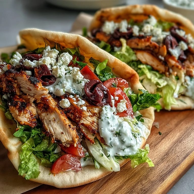 Mouthwatering Mediterranean Chicken Gyros with Creamy Feta Tzatziki garnished with dill, ready to eat on a rustic wooden dinner table.