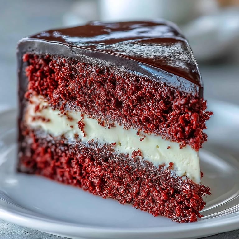 A slice of Betty Boop Cake reveals velvety red layers and tangy cream cheese buttercream frosting.