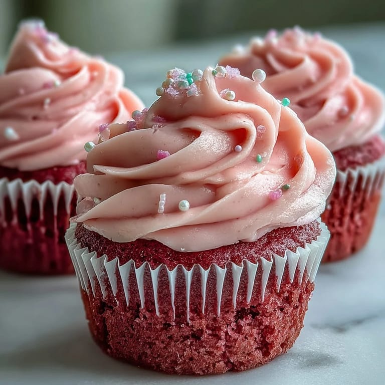 A single Pink Velvet Cupcake with Vanilla Buttercream Frosting is topped with pink sprinkles on a marble slate.
