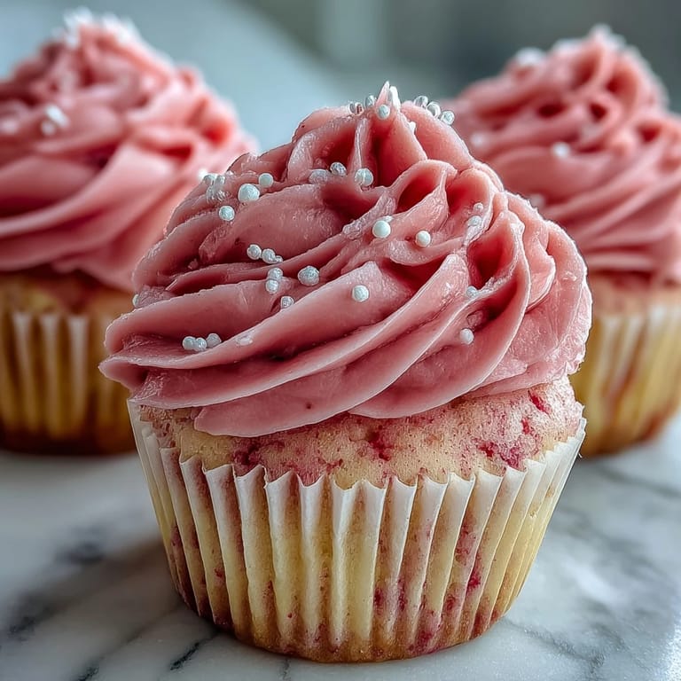 A close-up shot of Pink Velvet Cupcakes with Vanilla Buttercream Frosting highlights the moist, tender crumb texture.