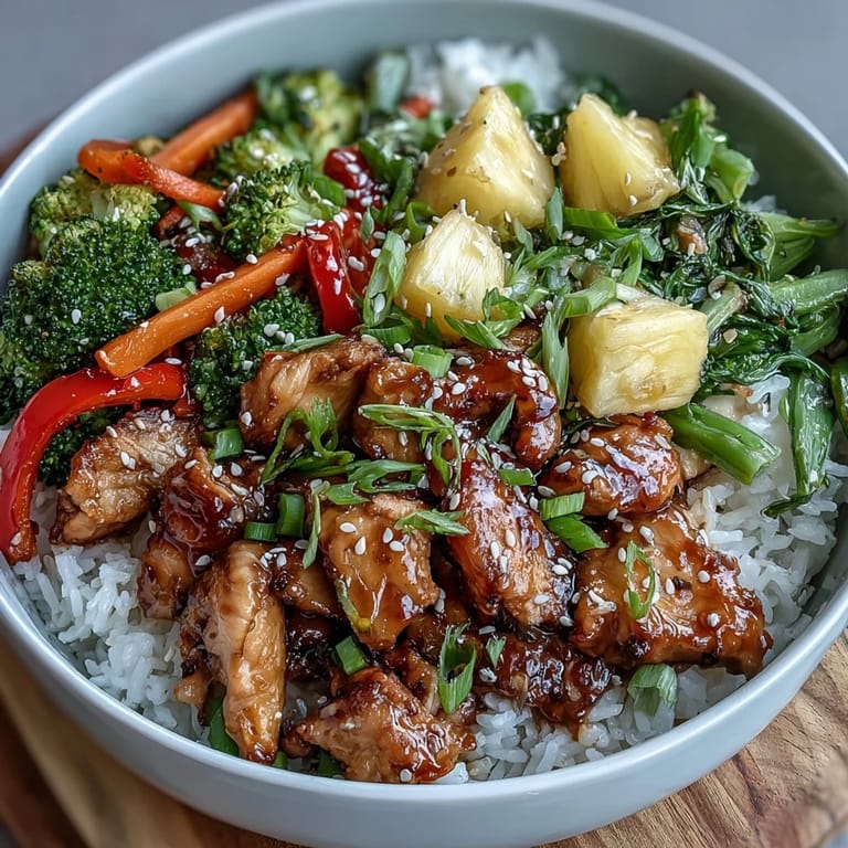 Colorful stir-fry vegetables and glazed teriyaki chicken served over jasmine rice in a white ceramic bowl.
