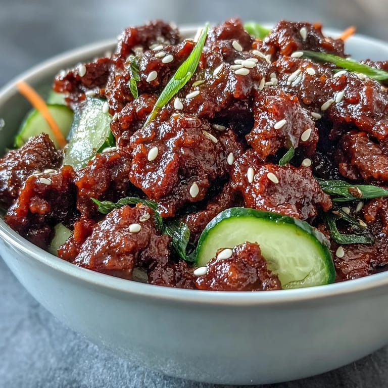 Homemade Easy Korean Beef Bowl plated with cauliflower rice, fresh vegetables, and a side of optional kimchi.