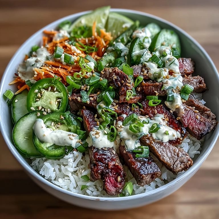 Overhead view of a Korean Beef Power Bowl garnished with green onions and sesame seeds, ready to serve.