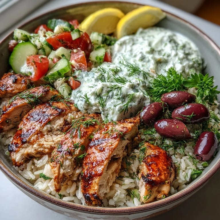 A generous dollop of cool tzatziki sauce tops tender chicken, herbed rice, and crisp veggies.