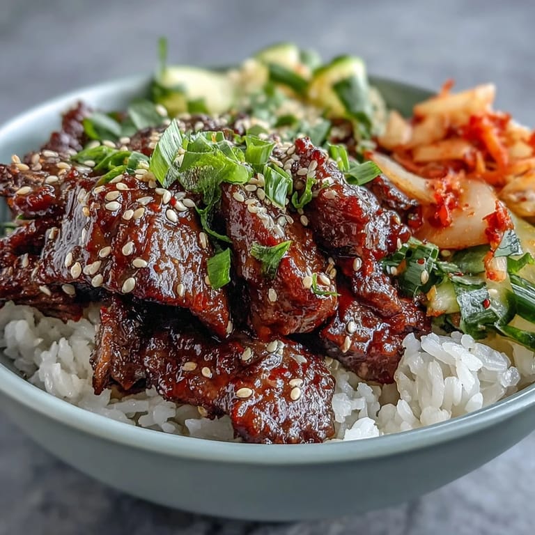 Close-up of a Korean Beef Bowl, showing seasoned beef, chopped kimchi, and sliced radish over rice, garnished with green onions and sesame seeds.