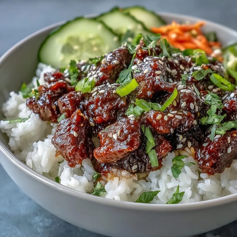 A vibrant Korean Beef Bowl with a spoon ready to scoop, revealing a bed of rice topped with spicy beef and colorful, crunchy pickled vegetables.