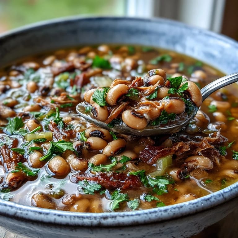 Stovetop Classic New Years Black-Eyed Peas with sautéed vegetables, smoked meat, and steaming ladle ready to serve.