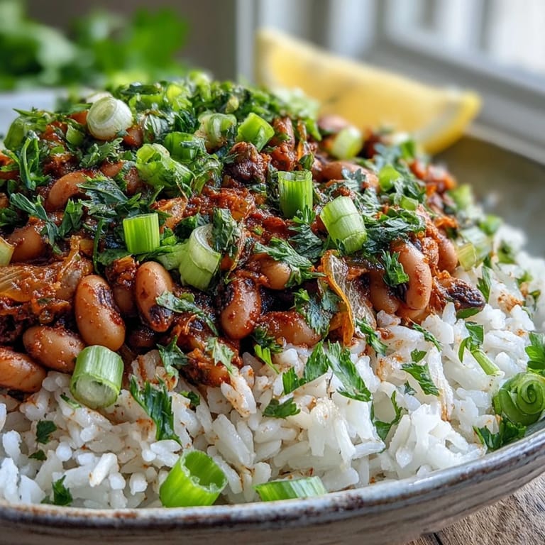 Steam rises from a bowl of vegetarian Hoppin' John, showing tender black-eyed peas and vibrant diced bell peppers.