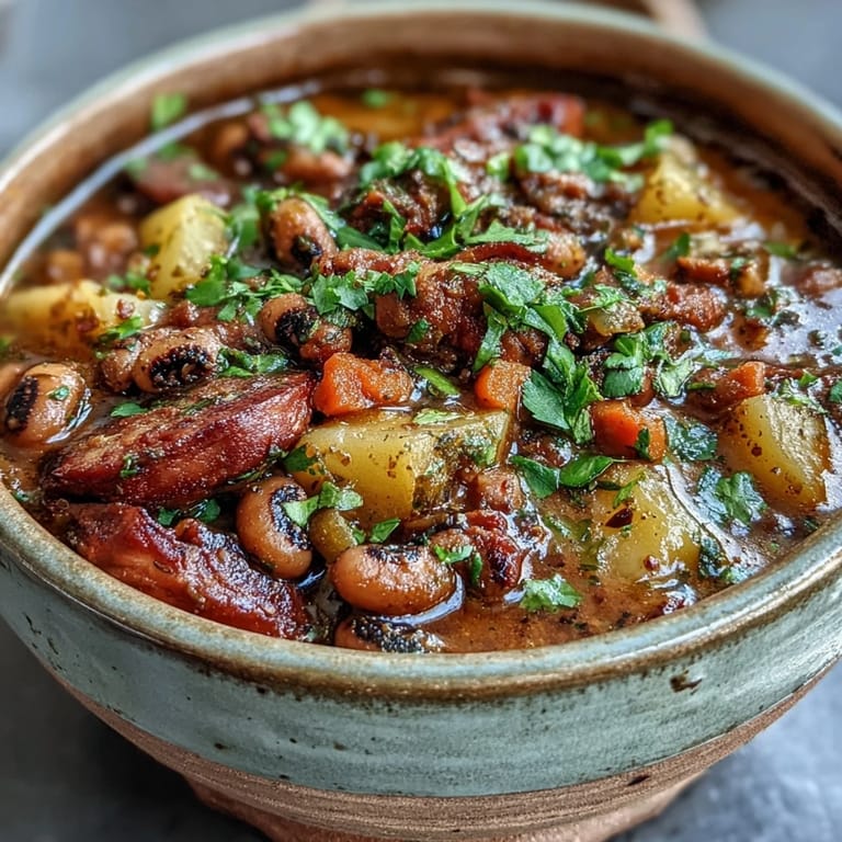 A rustic bowl of Black-Eyed Pea Stew with Smoked Ham Hocks shows shredded meat, diced veggies, and fresh parsley garnish ready for a hearty meal.