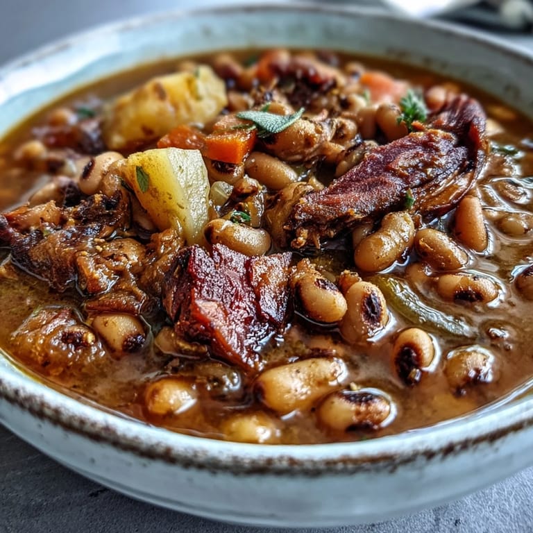 Close-up of Black-Eyed Pea Stew with Smoked Ham Hocks in a Dutch oven, highlighting the rich, broth-based texture and colorful vegetable medley.