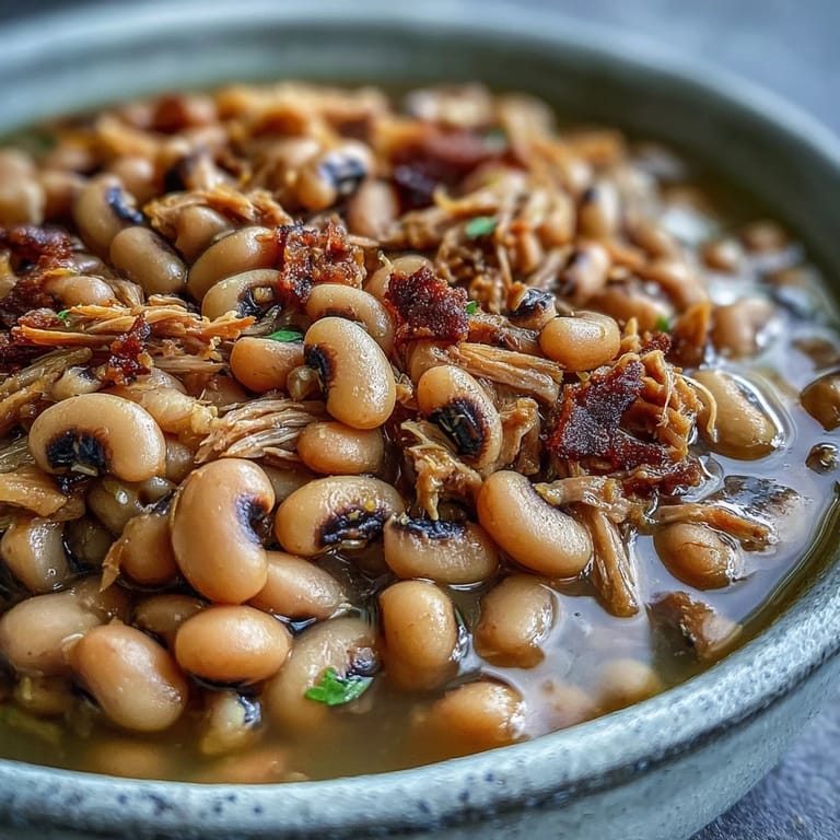 Freshly cooked Crock-Pot Black-Eyed Peas with Smoked Turkey, garnished with herbs, steam rising beside golden, buttery cornbread slices.