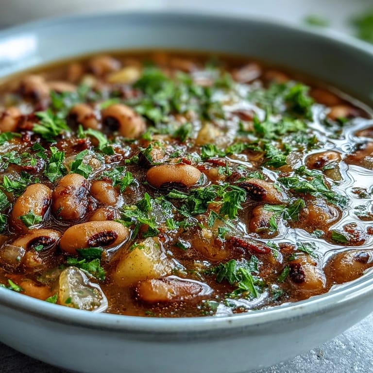 Black-Eyed Pea Stew with Chefs Touch simmering in a pot, revealing a rich tomato broth and colorful veggies.