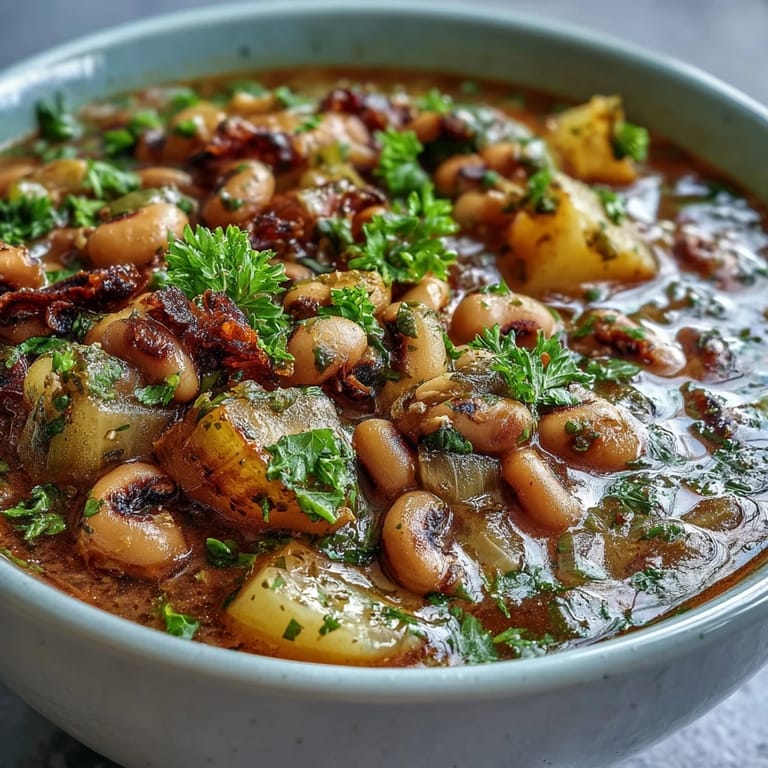 Serving suggestion for Black-Eyed Pea Stew with Chefs Touch paired with crusty bread for dipping.