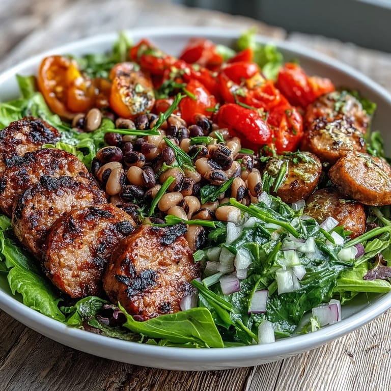 Bright, upscale Southern Hoppin John Style Black-Eyed Pea Salad with Turkey Sausage features hearty black-eyed peas, crisp celery, and cherry tomatoes on salad greens with mustard dressing.