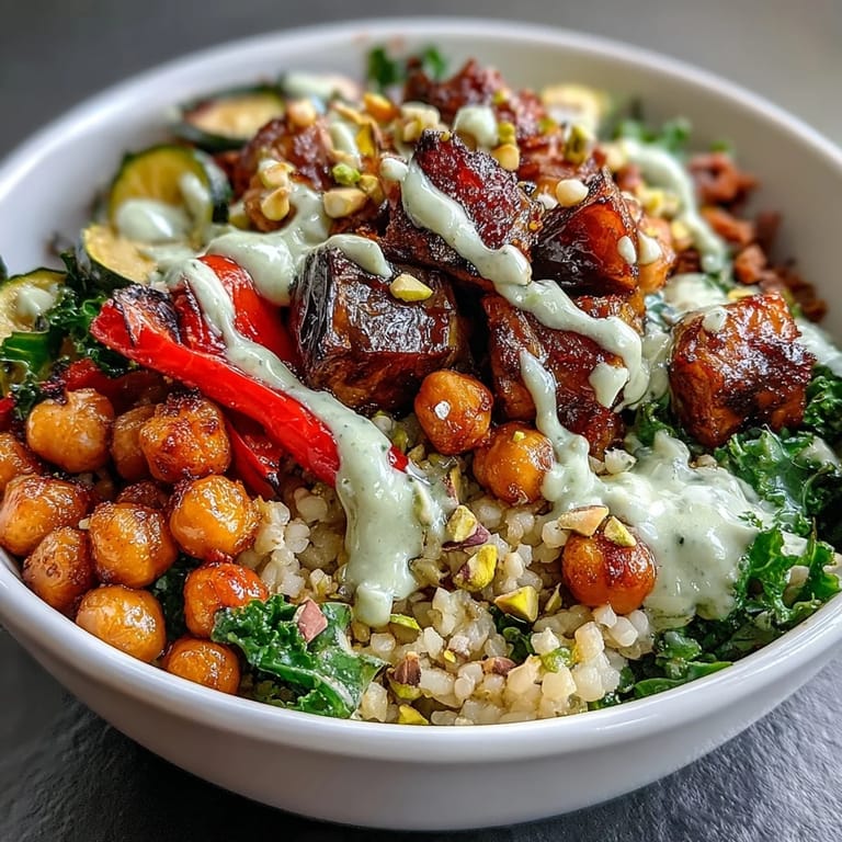 Golden bulgur pilaf with crunchy pistachios forms the base of this Mediterranean Buddha Bowl Meal Prep, alongside tender roasted vegetables and hearty chickpeas.