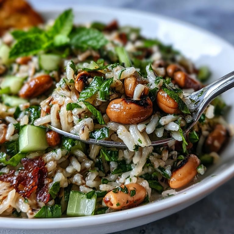 Hearty black-eyed peas and brown rice tossed with crisp vegetables and zesty lemon-mint dressing in this Southern salad.  