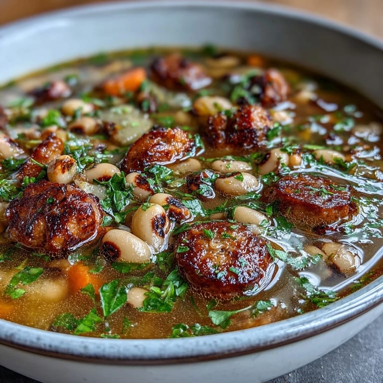 Rich black-eyed peas and sausage soup featuring tender beans, spicy sausage, and aromatic herbs simmering in a pot.