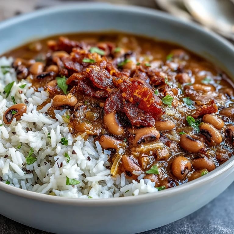 Traditional Southern Hoppin John served in a rustic bowl, featuring savory black-eyed peas simmered with bacon and aromatic vegetables.