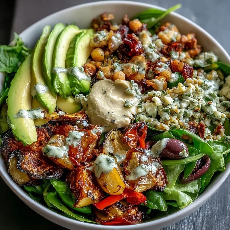 Colorful plant-based Buddha bowl featuring hummus, olives, mixed greens, and smoky roasted Mediterranean vegetables.  