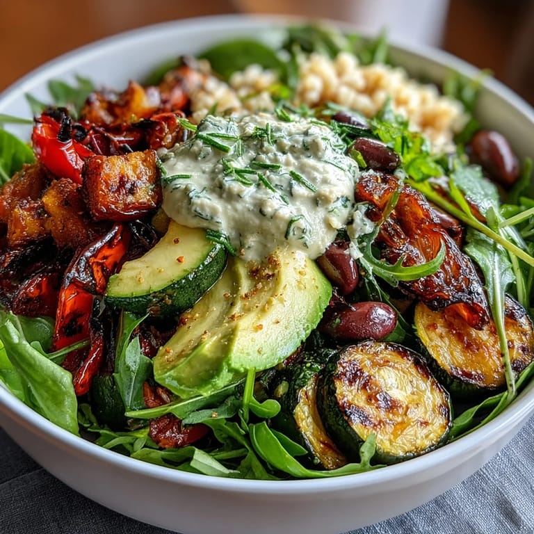 Healthy vegan bowl with protein-rich chickpeas, fresh greens, creamy avocado, and tangy tahini dressing for a satisfying meal.