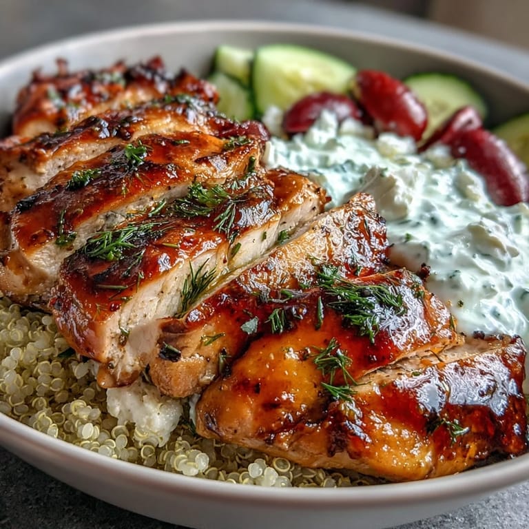 Protein-packed Greek Chicken Power Bowl featuring tender chicken, fresh veggies, and creamy tzatziki for a healthy, satisfying meal.