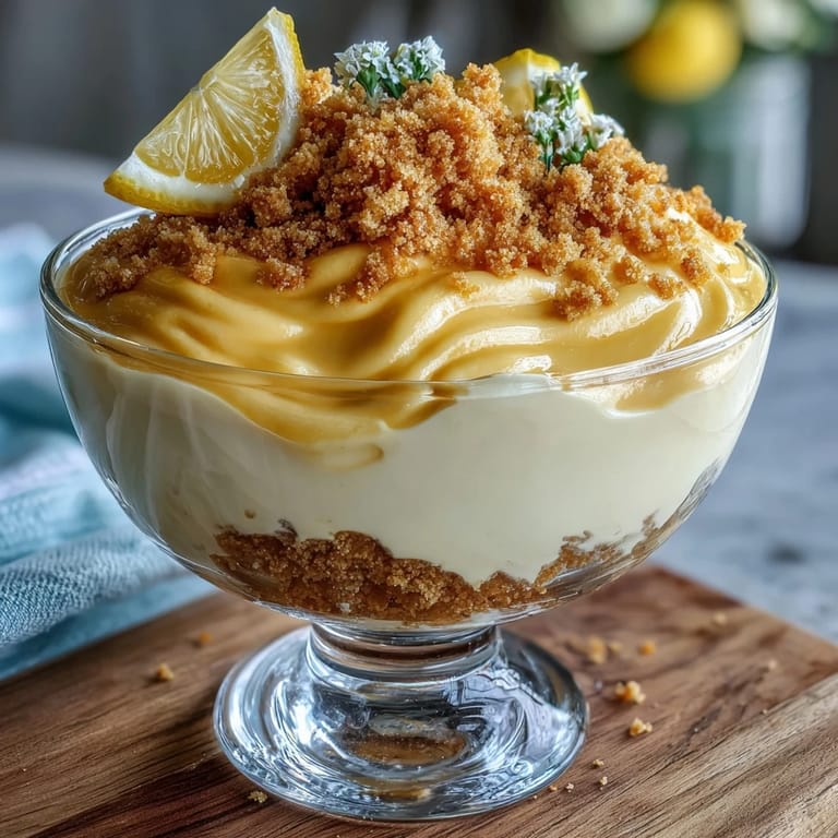 Elegant lemon mousse dessert cups featuring zesty lemon cream and crunchy shortbread crumb topping.