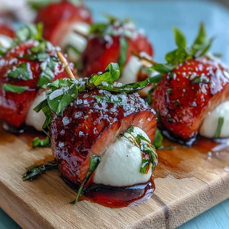 Vibrant strawberry caprese skewers with fresh basil, mozzarella balls, and sweet balsamic reduction.