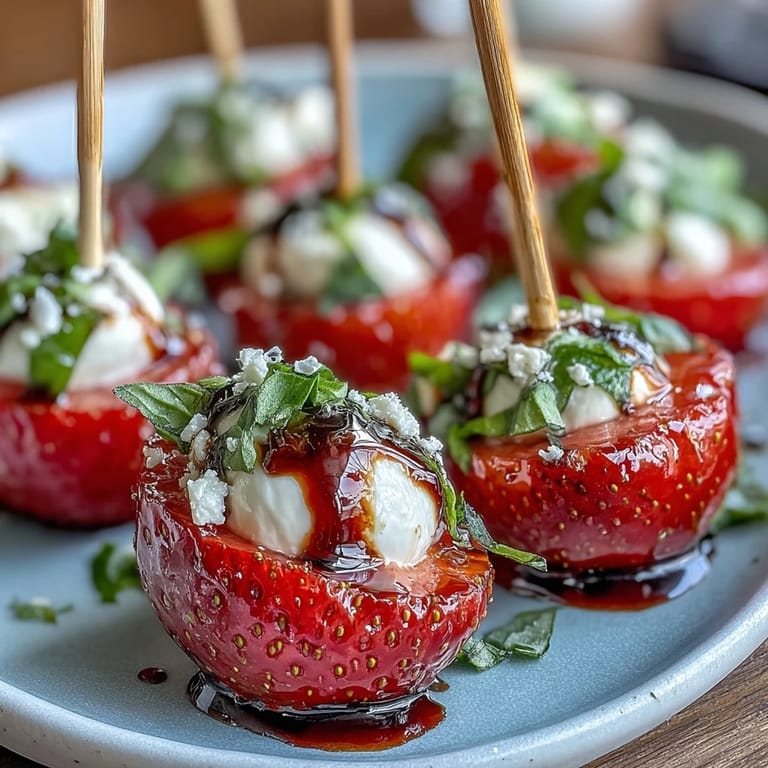 Colorful strawberry and mozzarella caprese skewers drizzled with tangy balsamic glaze, perfect for parties.