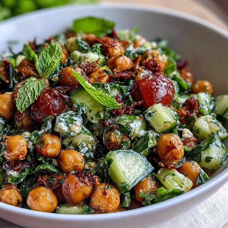 Protein-packed Mediterranean chickpea salad with fresh cucumber, cherry tomatoes, and tangy lemon vinaigrette, perfect for lunch.  