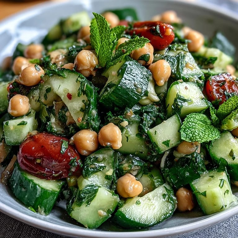 Bright and colorful cucumber chickpea salad, tossed with lemon vinaigrette, offering a light, healthy, and flavorful meal.