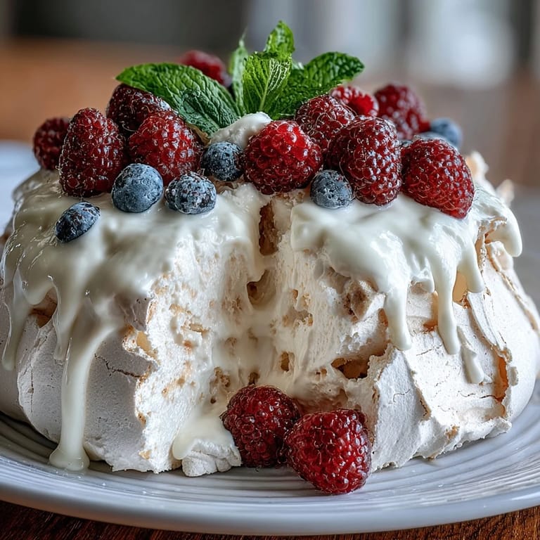 Elegant Mothers Day Pavlova with Mixed Berries, featuring a delicate meringue base crowned with fluffy whipped cream and seasonal fruit.