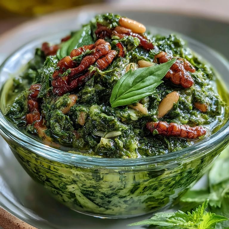 Creamy dandelion pesto with garlic and pine nuts, spread on toasted baguette slices for a rustic appetizer.