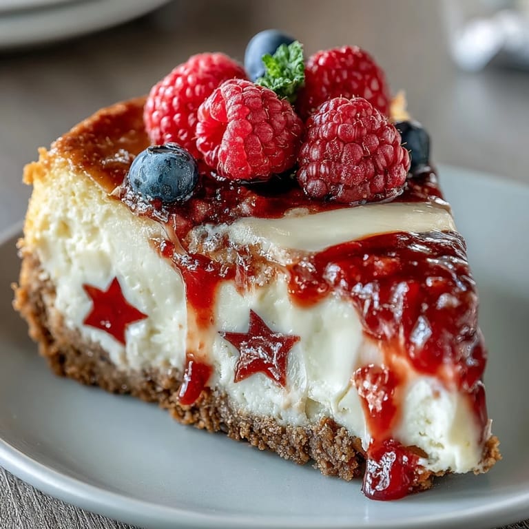 Creamy no-bake cheesecake decorated with blueberries and strawberries in patriotic flag design.