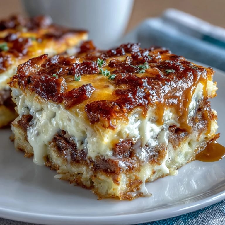 Hearty Amish breakfast casserole loaded with crispy hash browns, savory sausage, and melted cheese