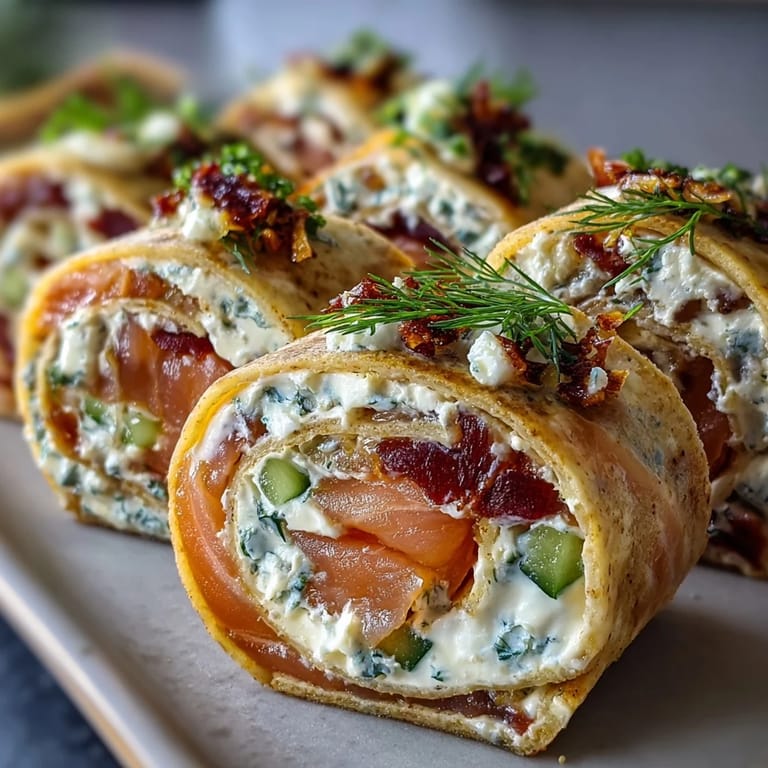 Creamy dill-infused cheese, crisp cucumber, and smoked salmon wrapped in soft tortillas, ready for elegant gatherings.