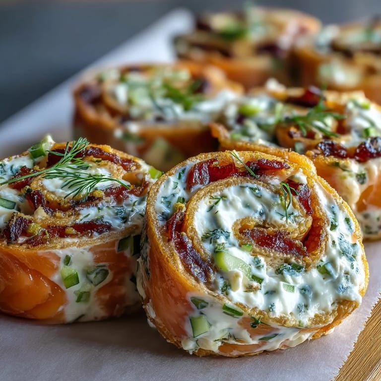 Silky smoked salmon pinwheels with cucumber and dill cream cheese, ideal for sophisticated appetizers or snacks.