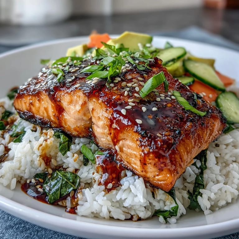 Vibrant Teriyaki Salmon Bowl with flaky salmon, crunchy carrots, creamy avocado, and a glossy teriyaki glaze over rice.