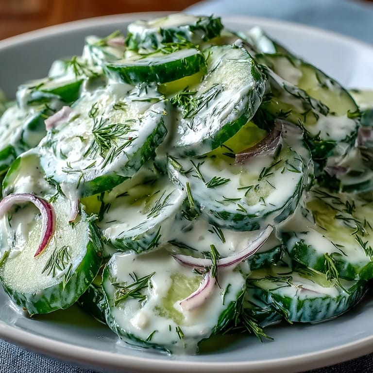 A refreshing bowl of Creamy Cucumber Dill Salad, featuring thinly sliced cucumbers in a creamy, herb-infused dressing.